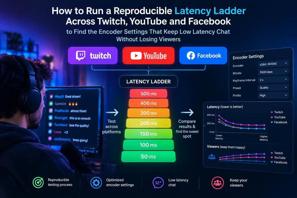 how to run a reproducible latency ladder across twitch, youtube and facebook to find the encoder settings that keep low-latency chat without losing viewers