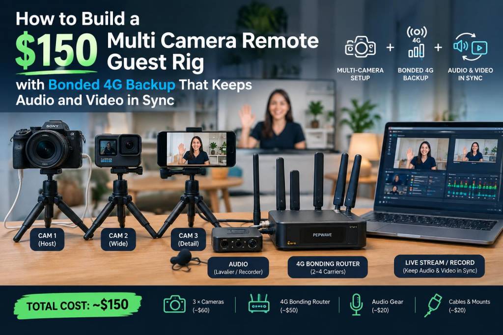 how to build a $150 multi-camera remote guest rig with bonded 4g backup that keeps audio and video in sync