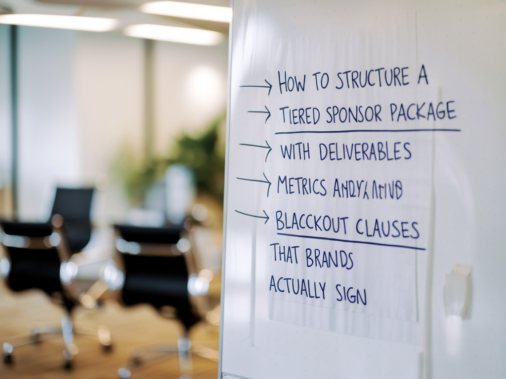 How to structure a tiered sponsor package with deliverables, metrics and blackout clauses that brands actually sign